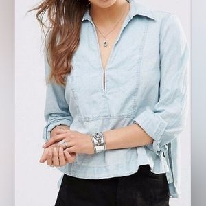 Free People Ready and Not Chambray linen pop over top S